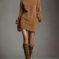 Sukienki - TEMU Elegancka Sukienka z Wysokim Kołnierzem i Kieszeniami dla Kobiet - Długi Rękaw, Midi, Linia H, Jednokolorowa na Śluby, Kościół, Biuro i - miniaturka - grafika 1