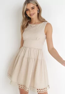 Beżowa Taliowana Sukienka Mini z Ozdobną Koronką Veronisa - Sukienki - miniaturka - grafika 1