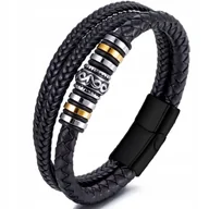 Bransolety męskie - BRANSOLETKA MĘSKA SKÓRZANA POTRÓJNA CZARNA SREBRNA ZŁOTA MOCNA STAL - miniaturka - grafika 1