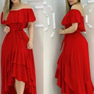 Sukienki - TEMU Elegancka sukienka z falbanką na ramię dla kobiet - Świeżożółta letnia sukienka typu A z falbanką na rękawach, idealna na codzienną lub stylową - miniaturka - grafika 1