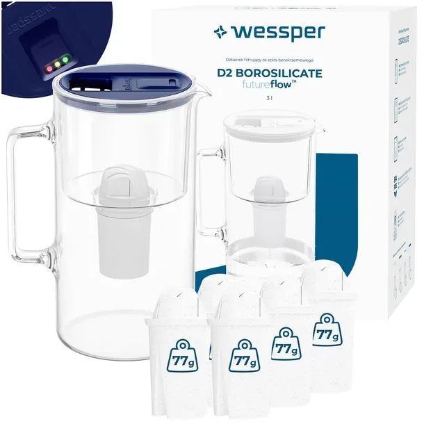 Dzbanek filtrujący szklany Wessper D2 BOROSILICATE FF 3l granat + 6x filtr