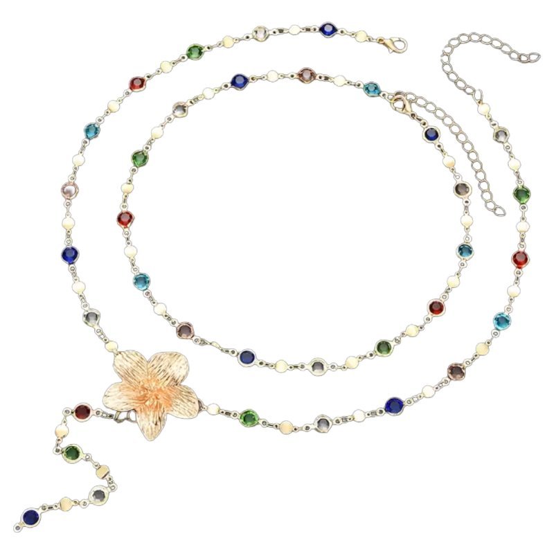 Zestaw Naszyjników z Kwiatem i Kolorowymi Kryształkami Kolor Złoty