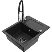 Zlewozmywaki z baterią - Mexen Enzo zlewozmywak granitowy 1-komorowy z ociekaczem i baterią kuchenną Aster, czarny/srebrny metalik - miniaturka - grafika 1