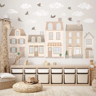 Naklejki na ścianę dla dzieci domki miasto beżowe boho brązowe neutralne - Naklejki na ścianę - miniaturka - grafika 1