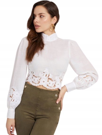 Guess Biała Bluzka Damska z Koronką i Stójką L Gxb