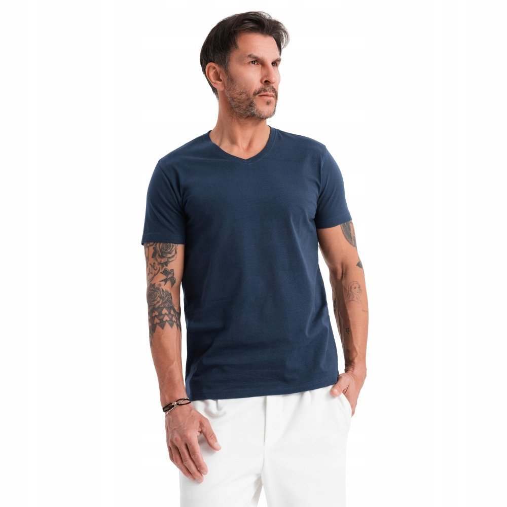 Męska koszulka 100% bawełna serek BASIC granatowa Ombre OM-TSBS-0237 V2 XXL