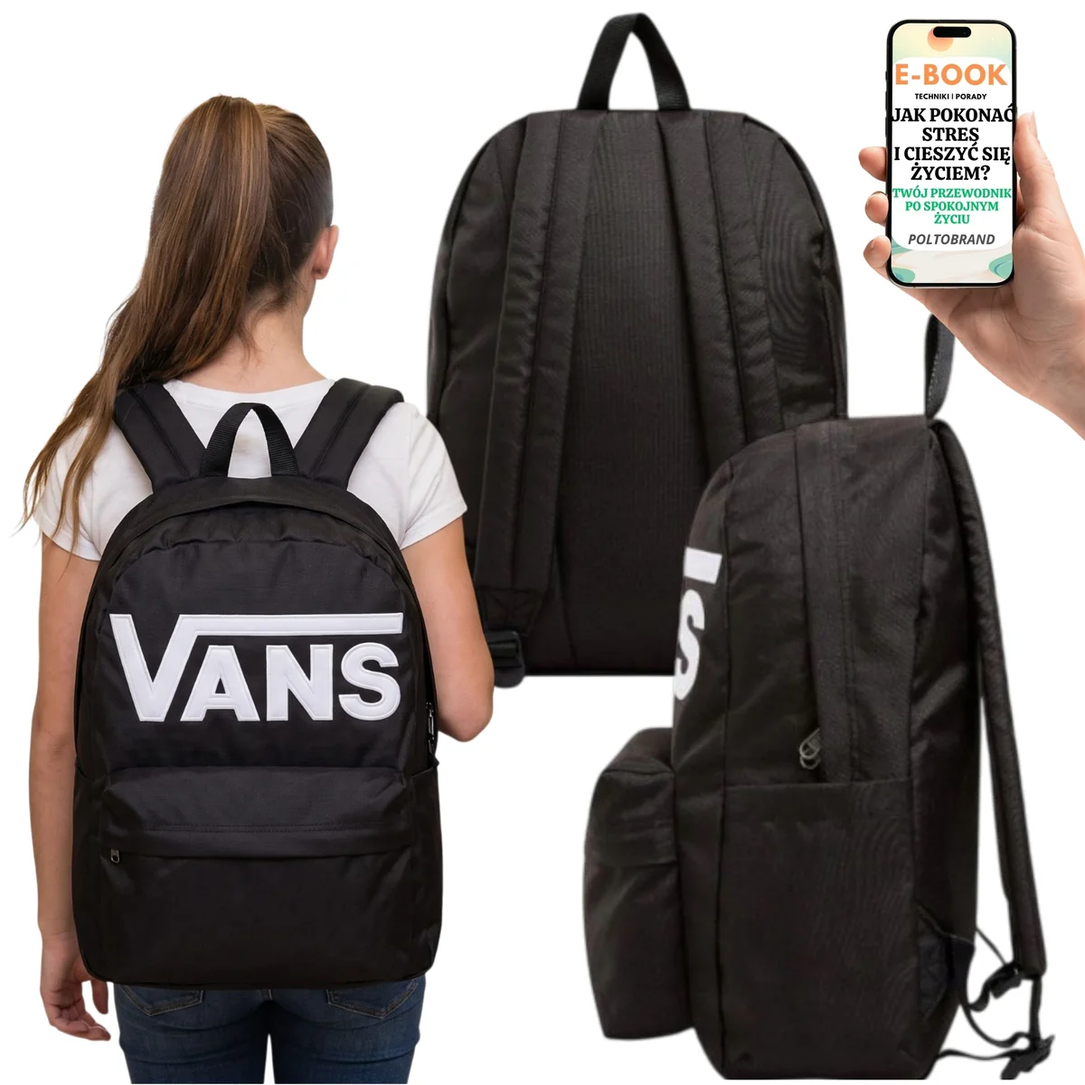 Plecak Szkolny Vans Czarny z Rękawem na Laptopa do 38cm Pojemny + E-BOOK-1