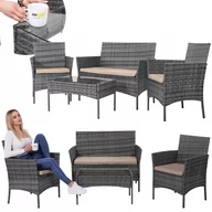 Meble ogrodowe - Meble ogrodowe technorattanowe komplet sofa, fotele i stolik ze szklanym blatem szare - miniaturka - grafika 1