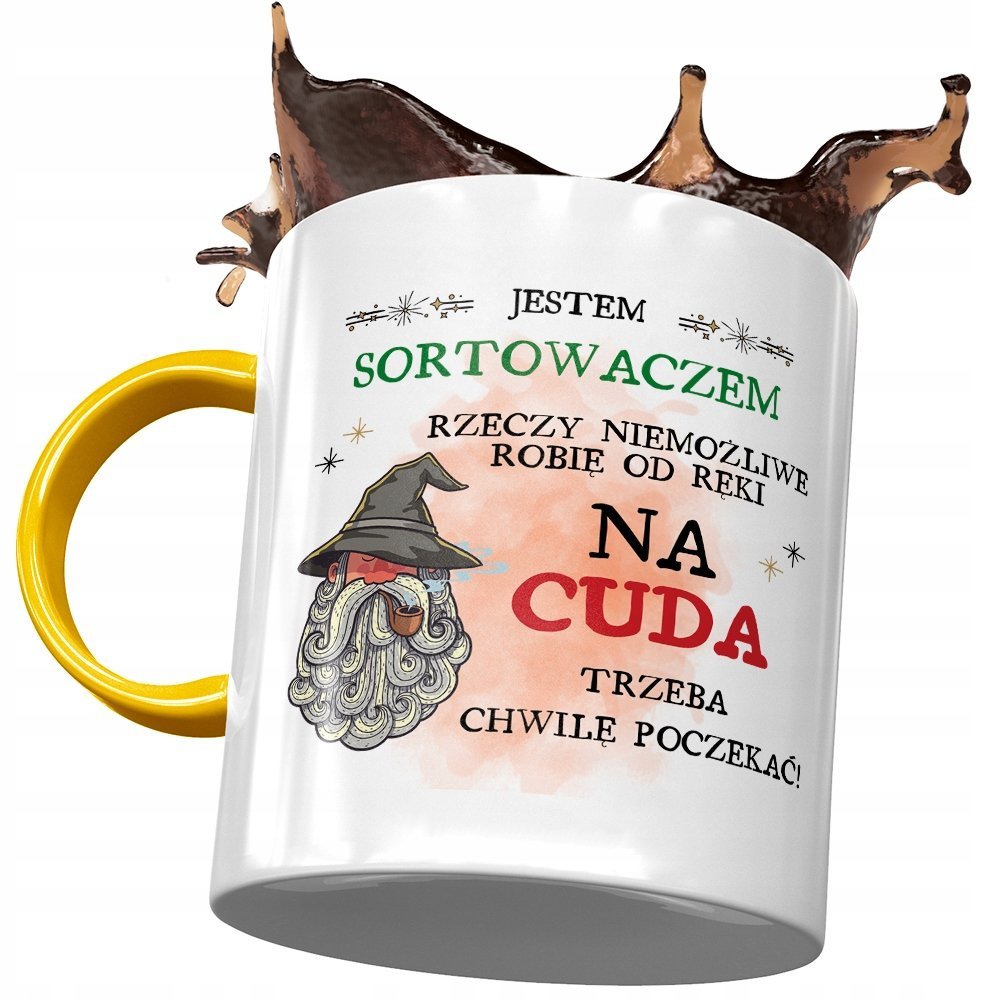 Kubek Żółty Dla Sortowacza Trzeba Chwilę Poczekać z Nadrukiem ze Zdjęciem + Opakowanie na prezent (wzór 02)