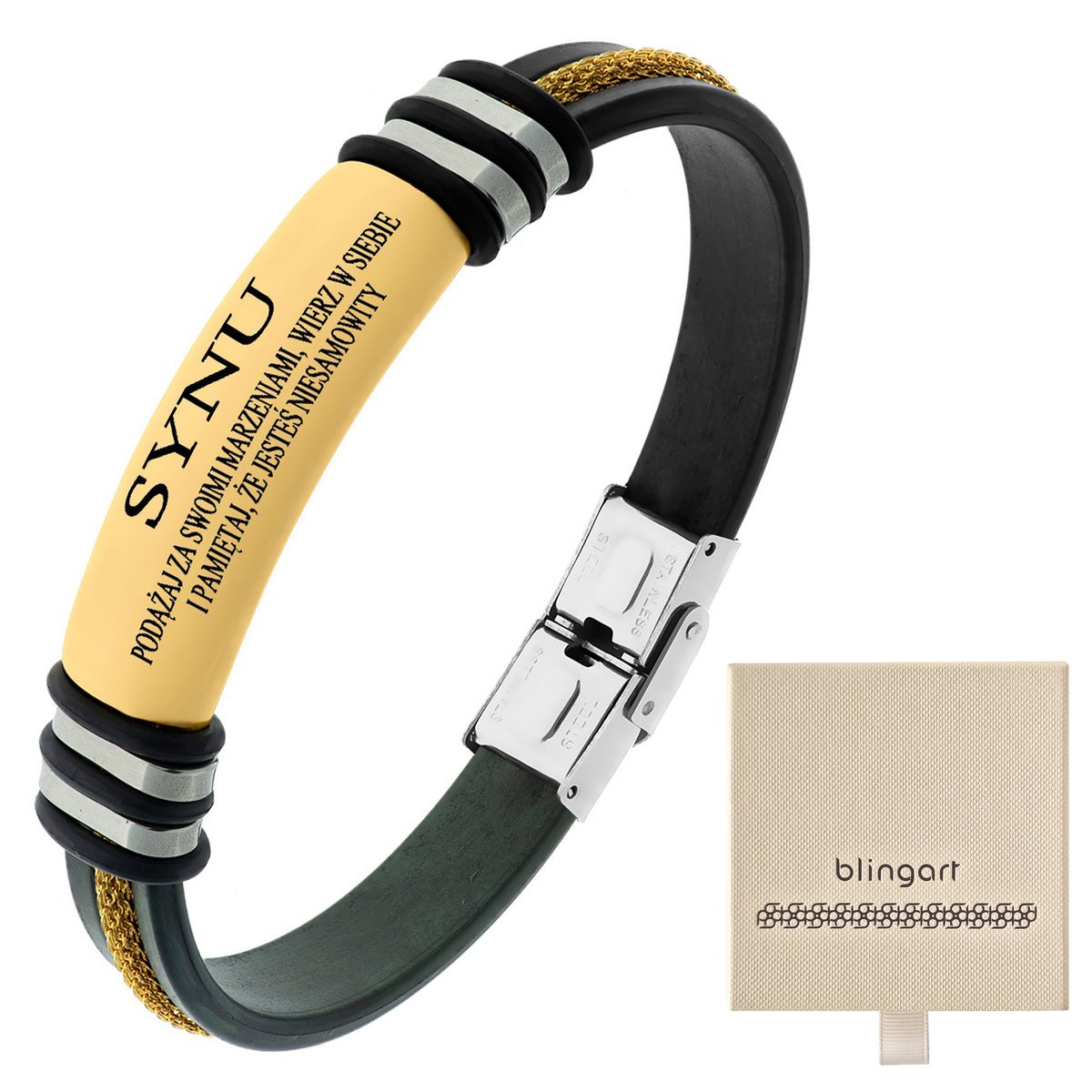 Bransoletka męska KAUCZUKOWA z grawerem łańcuszek