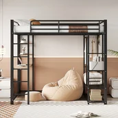 Łóżka dla dzieci i młodzieży - Łóżko na antresoli z drabinką 140*200 cm, podwójne łóżko z pojedynczymi wieszakami i schowkami, czarne - miniaturka - grafika 1