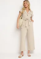 Kombinezony - Beżowy Kombinezon z Krótkim Rękawem i Szerokimi Nogawkami z Materiałowym Paskiem Floeria - miniaturka - grafika 1