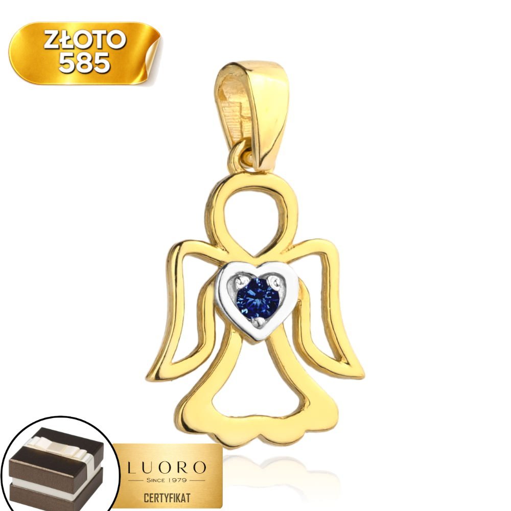 ZAWIESZKA ZŁOTA 585 14K ANIOŁEK NIEBIESKA CYRKONIA SERCE 16 MM ELEGANCKA