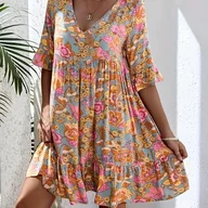 Sukienki - TEMU Sukienka Midi z Dekoltem w Serek i Falbankami na Rękawach dla Kobiet - Lekka, Luźna A-Line, Idealna na Wakacje Plażowe/Wiosnę/, Od Casualu do - miniaturka - grafika 1