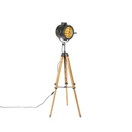 Lampy stojące - QAZQA Czarna lampa podłogowa Tripod z drewnianym studyjnym spotem - Radient - miniaturka - grafika 1