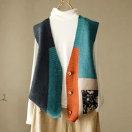 Swetry damskie - TEMU Damska kardiganowa kamizelka w stylu vintage - sweter z dekoltem w serek i zapięciem na guziki, z blokami kolorów, luźny krój, bez rękawów, do - miniaturka - grafika 1