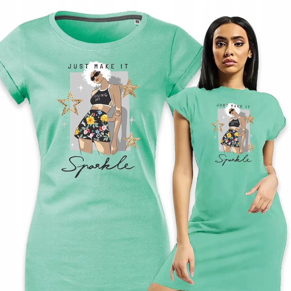 PIŻAMA DAMSKA MIĘTOWA Koszula Nocna Na Prezent MAKE IT SPARKLE Wzory - M