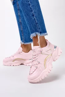 Czółenka - Różowe sneakersy na platformie buty sportowe sznurowane holograficzny pasek Casu 11-10-21-P - grafika 1