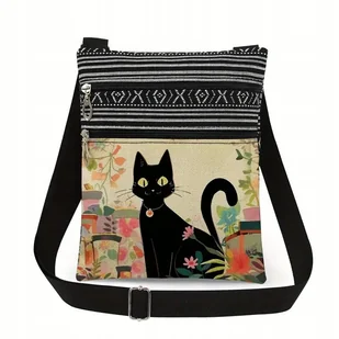 Torebka etniczna boho z czarnym kotem i kwiatami prezent dla kociary - Torebki damskie - miniaturka - grafika 1