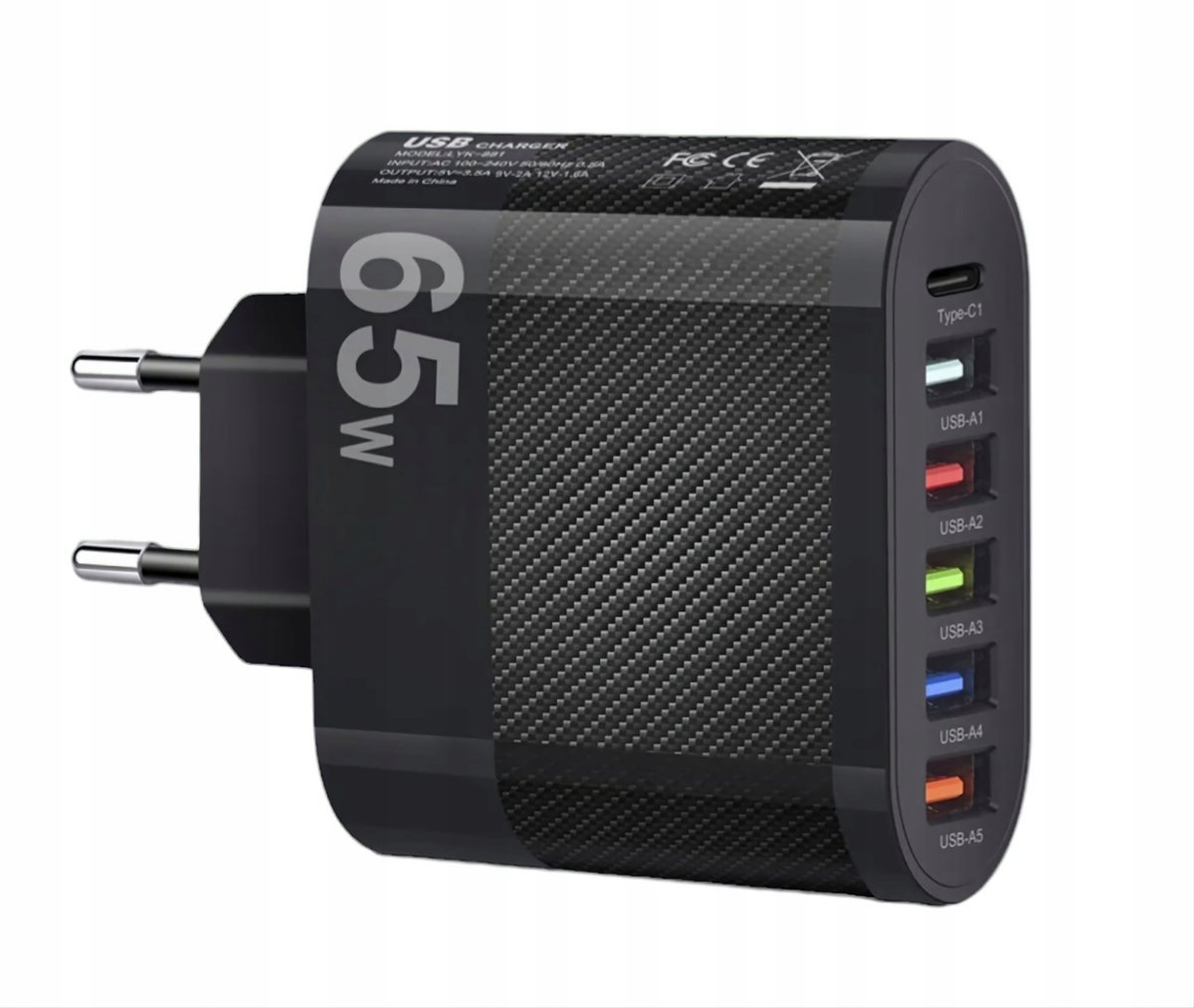 CZARNA Ładowarka USB PD 65W 5x usb A(po 10W) + 1x usb C(15W) Pd = 6 portów