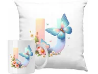 Gadżety dla niej i dla niego - ZESTAW PODUSZKA + KUBEK Motylek Motyl Litera Alfabet U Pomysł na Prezent - miniaturka - grafika 1