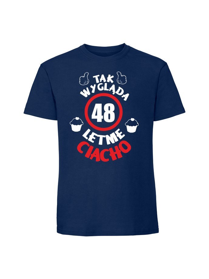 Męska koszulka z nadrukiem -48 Ciacho + wiek 48 czerwono-biały Granatowy 4XL