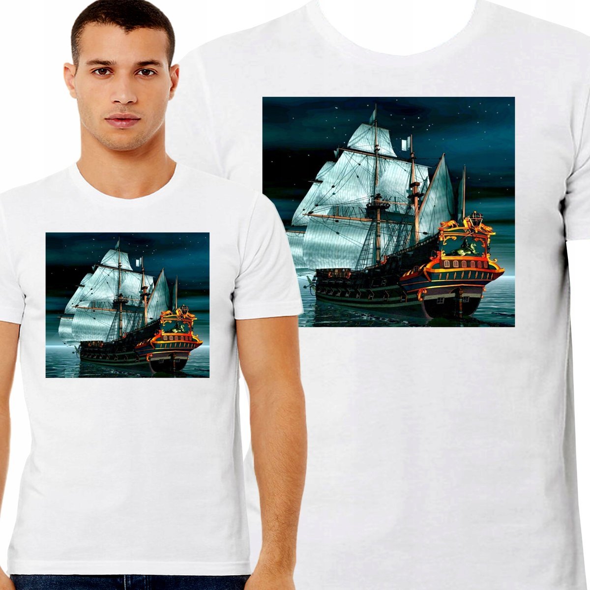 KOSZULKA MĘSKA DLA ŻEGLARZA Z NADRUKIEM STATEK JACHT STER ŻAGIEL L 3407