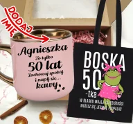 Gadżety dla niej i dla niego - Zestaw prezentowy na 50 urodziny - kubek na 50 z imieniem oraz torba - miniaturka - grafika 1