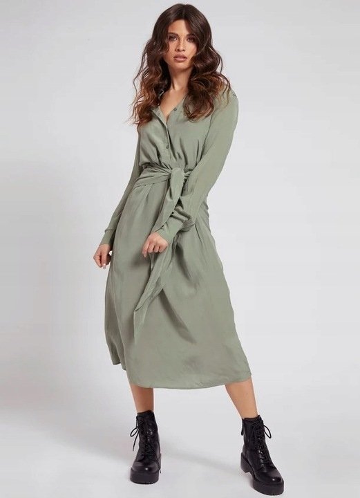 GUESS SUKIENKA KOSZULOWA KHAKI MIDI PROSTA S ZGE