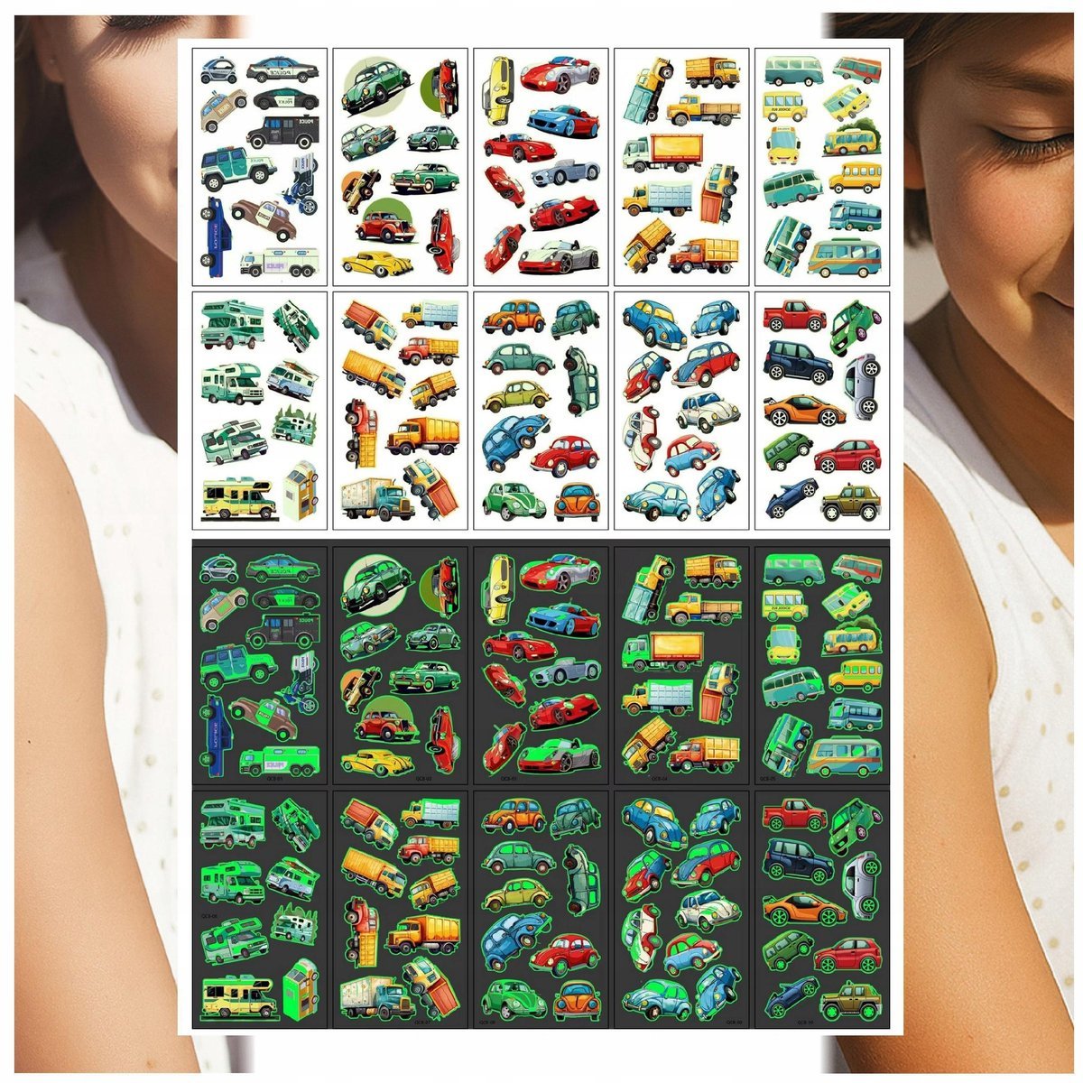 Tatuaże Zmywalne dla Dzieci Świecące w Ciemności Auta Samochody 10 Wzorów