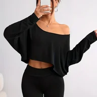 Bluzki damskie - TEMU Stylowy top z odkrytymi ramionami w jednolitym kolorze, luźna koszulka bazowa o chłodnym dotyku, idealna na wiosnę i . - miniaturka - grafika 1