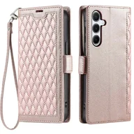 Portfele - Do Samsung Galaxy S24 Skórzane etui Rhombus Texture Portfel Stojak Pokrowiec na telefon z paskiem na nadgarstek Różowe złoto - miniaturka - grafika 1