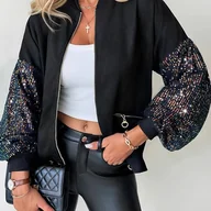 Kurtki damskie - TEMU Damskie cekinowe zdobione swetry z wysokim kołnierzem, zapinane na zamek błyskawiczny, jednokolorowe, tkane z poliestru, casualowe blezery na - miniaturka - grafika 1