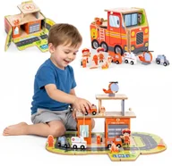 Tory, garaże, parkingi - Drewniany garaż zestaw straży pożarnej 2w1 - remiza i wóz 2 piętra figurki pojazdy ECOTOYS EDUKAMP - miniaturka - grafika 1