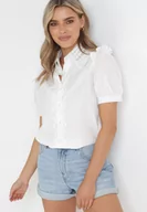 Koszule damskie - Biała Koszula z Krótkim Rękawem i Koronkowymi Wstawkami Alija - miniaturka - grafika 1
