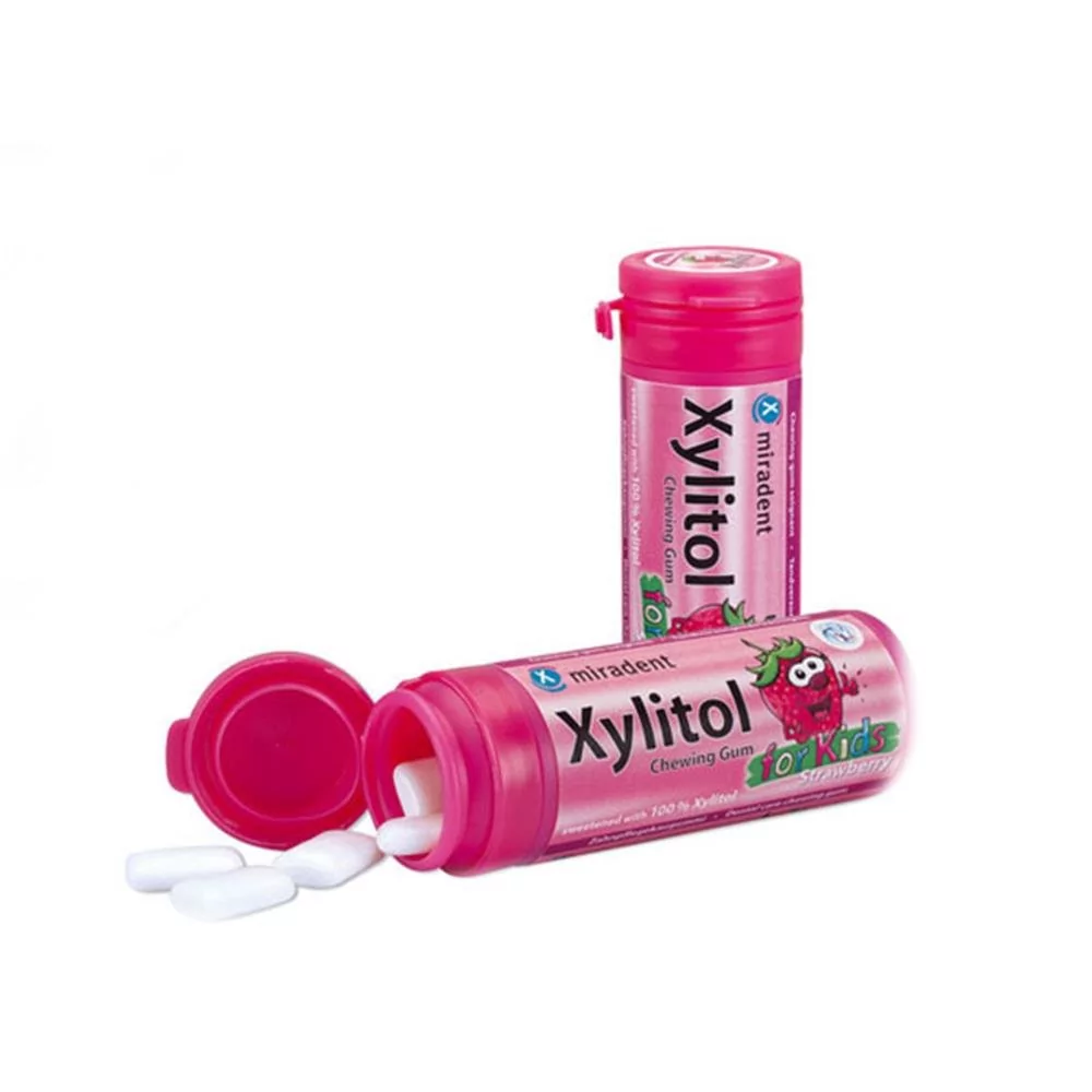 MIRADENT Xylitol Chewing Gum for Kids Strawberry - Truskawkowe gumy do żucia przeciw próchnicy dla dzieci 30 szt 9900002250