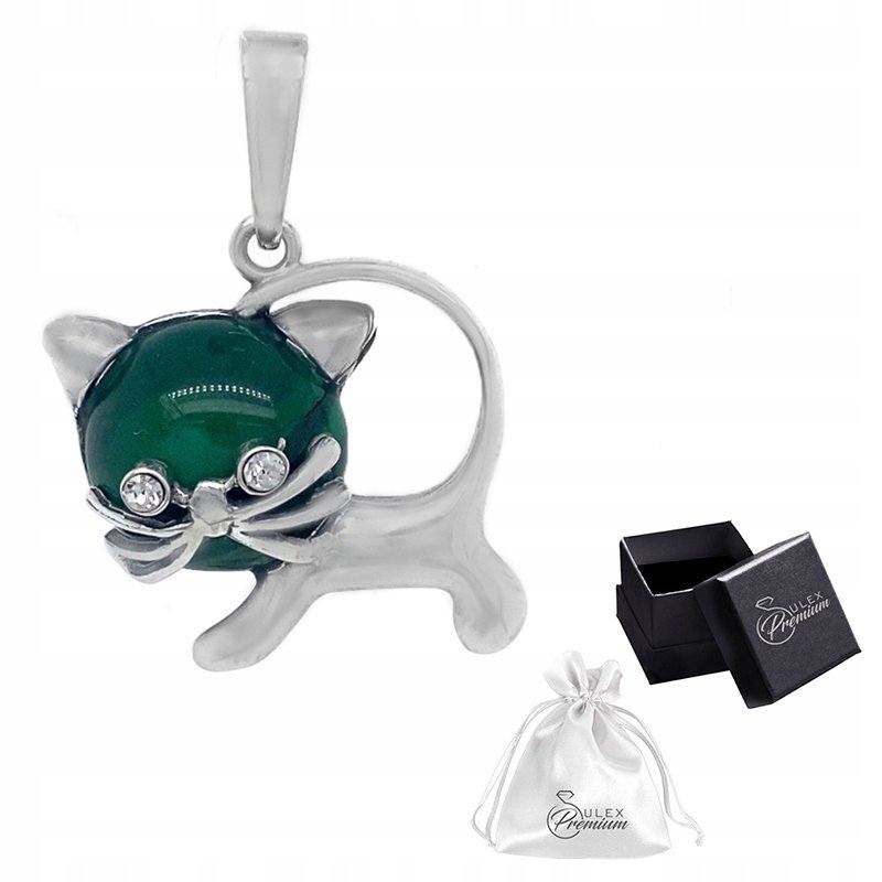 Zawieszka srebrna pr. 925 Wisiorek KOTEK z MALACHITEM i Cyrkoniami