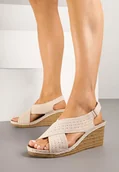 Sandały damskie - Beżowe Sandały na Plecionym Koturnie z Perforacją Welissea - miniaturka - grafika 1