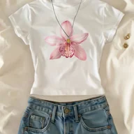 Bluzki damskie - TEMU 00008- Damski Casualowy Obcisły Top z Nadrukiem Płatków Kwiatów, Słodka Letnia Wszechstronna Koszulka w Stylu Ins KFC26 - miniaturka - grafika 1