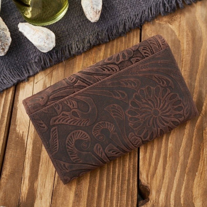 Paolo Peruzzi Portfel damski skórzany vintage w kwiaty brązowy duży T-108-HBR