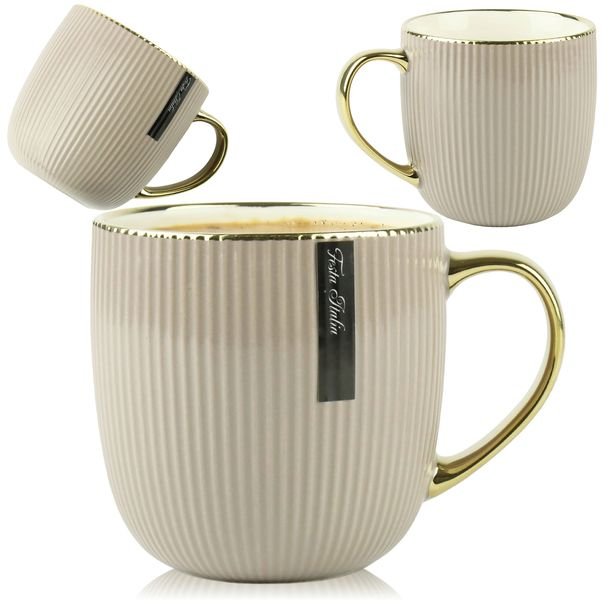 Porcelanowy Kubek Na Kawę Herbatę Czarny Zdobiony Ze Złotym Uchem 400ml