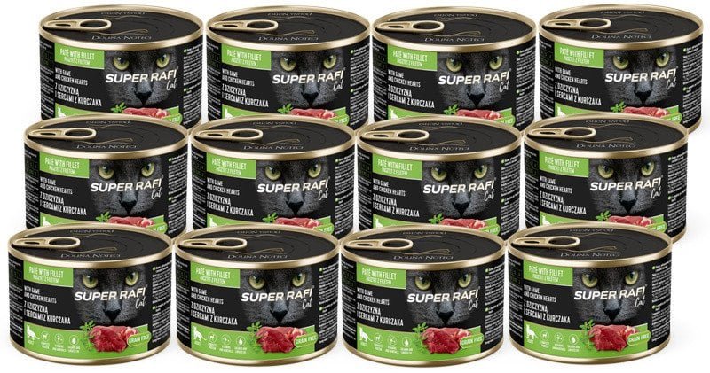Karma mokra dla kotów Super Rafi Cat z dziczyzną i sercami z kurczaka zestaw 12 x 185 g