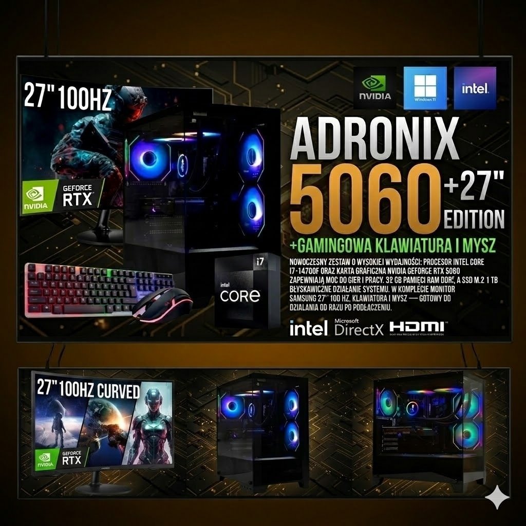 Komputer Adronix PC Adronix Pulse i7 32GB DDR5 RTX 5060 8GB 1TB SSD M.2 + MONITOR 27