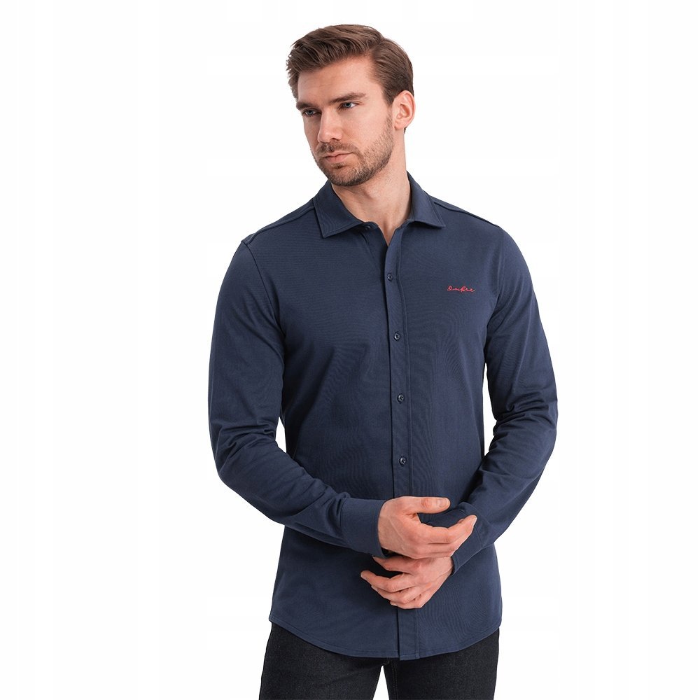 Bawełniana męska koszula REGULAR z dzianiny granatowa V2 OM-SHCS-0138 XXL