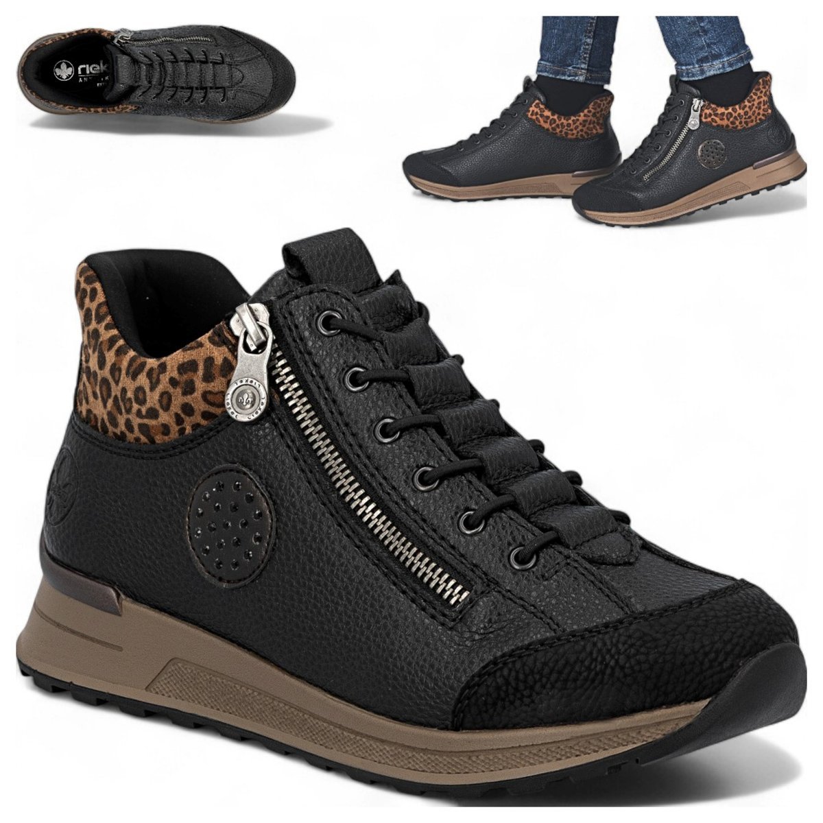 Rieker Sneakersy Damskie Sportowe Wygodne Półbuty Ocieplane Zamek Czarne 37