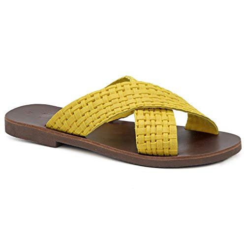 40 Żółty Emmanuela Antique Greckie Płaskie Sandały Z Skóry, Wysokiej Jakości Handmade Slajd na X Pasek Letnie Buty dla kobiet, Sandals z otwartymi palcami