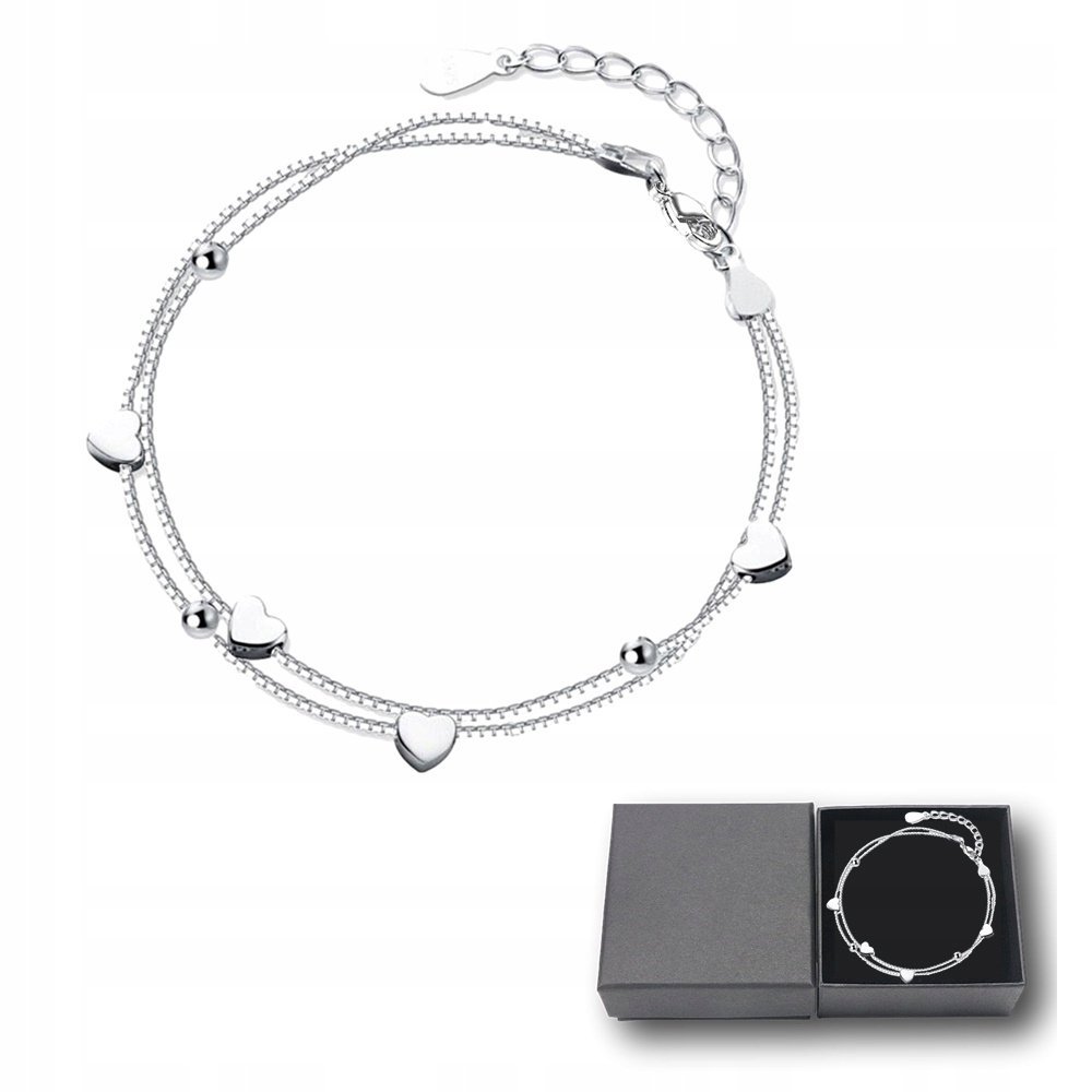 Bransoletka Damska Srebrna Podwójne Łańcuszki Serduszka Kuleczki Regulowana