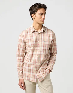 KOSZULA MĘSKA KRATKA LEN WRANGLER 112362768 1 PKT SHIRT TAN L - Koszule męskie - miniaturka - grafika 1