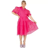 Sukienki - Damska letnia sukienka midi z guzikami z bufiastymi krótkimi rękawami kołnierz linia siatkowa organza na letnie przyjęcie biuro rozmiar 24 różowa, różowy, 50 - miniaturka - grafika 1