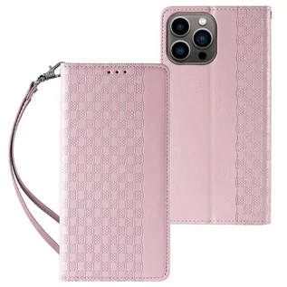 Portfele - Magnet Strap Case etui iPhone 14 Plus pokrowiec z klapką portfel mini smycz podstawka różowe - grafika 1